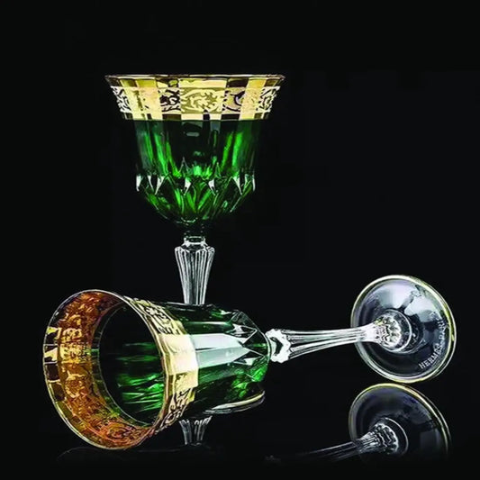 BORO CUT GREEN COLORED CRYSTAL WINE & CHAMPAGNE GLASS SET