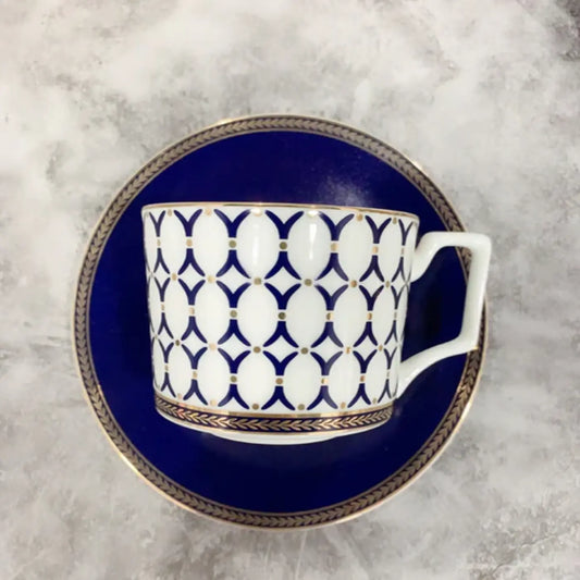Glance Blue Printed Bone China Cups and Saucers Set