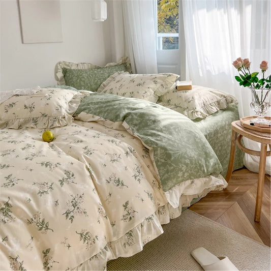 Daveigh Green Floral 100% Cotton Duvet Cover Bed Sheets