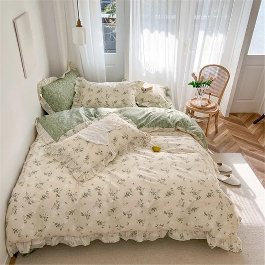 Daveigh Green Floral 100% Cotton Duvet Cover Bed Sheets