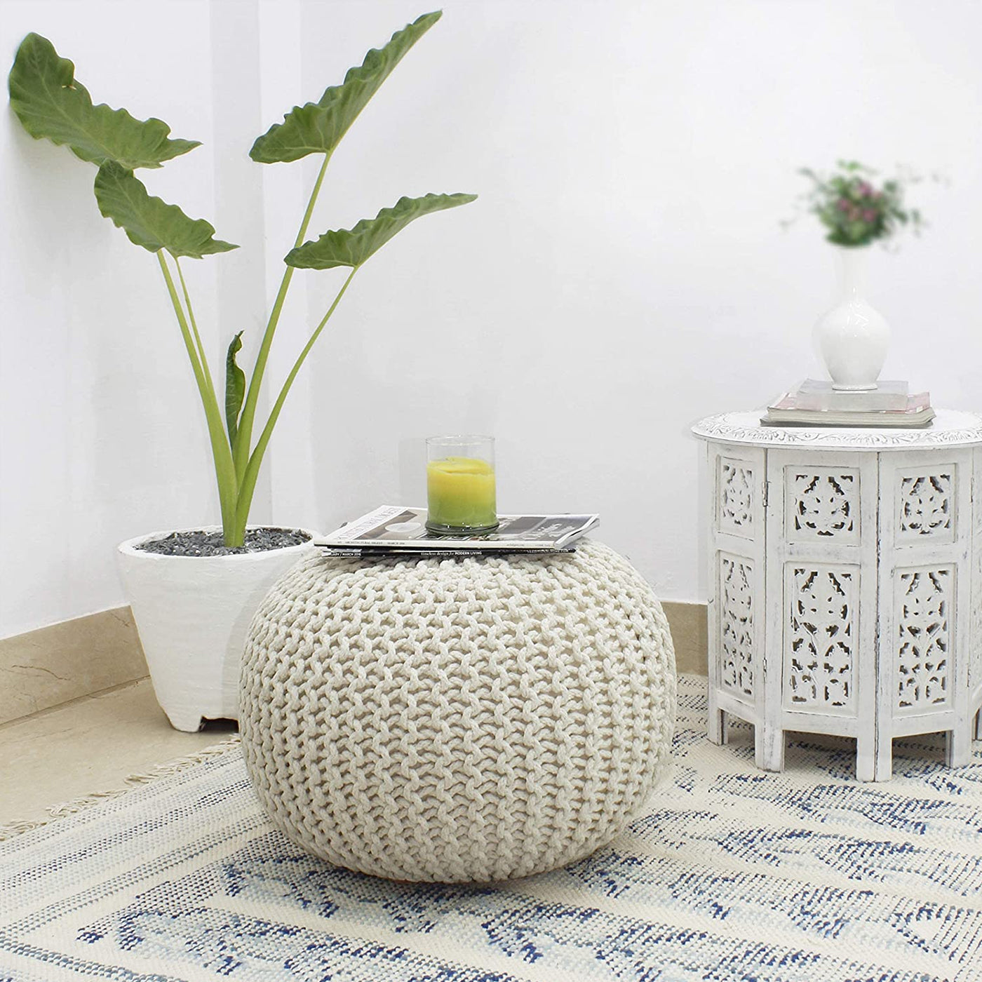 Dustup Luxury White Round Ottomans Poufs